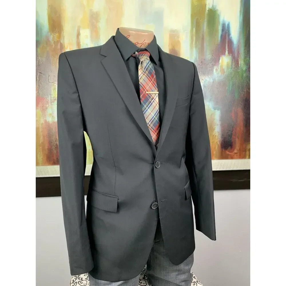 Hugo Boss Mens Super 100s Black Basket Weave Blazer 40R Slim Fit